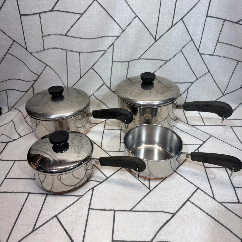 Revere Ware Saucepan Set 7 Piece Silver Copper Bottom Stainless Steel USA Made